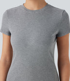 T-shirt décontracté ajusté maille côtelée col rond manches courtes