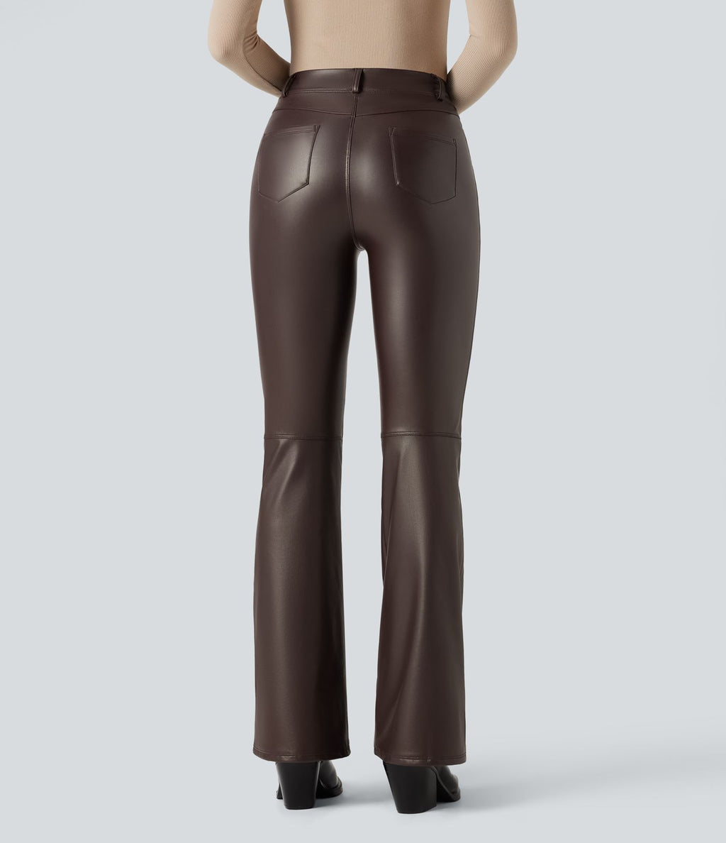 Pantalon évasé asymétrique polaire PU gainant extensible taille haute avec poches