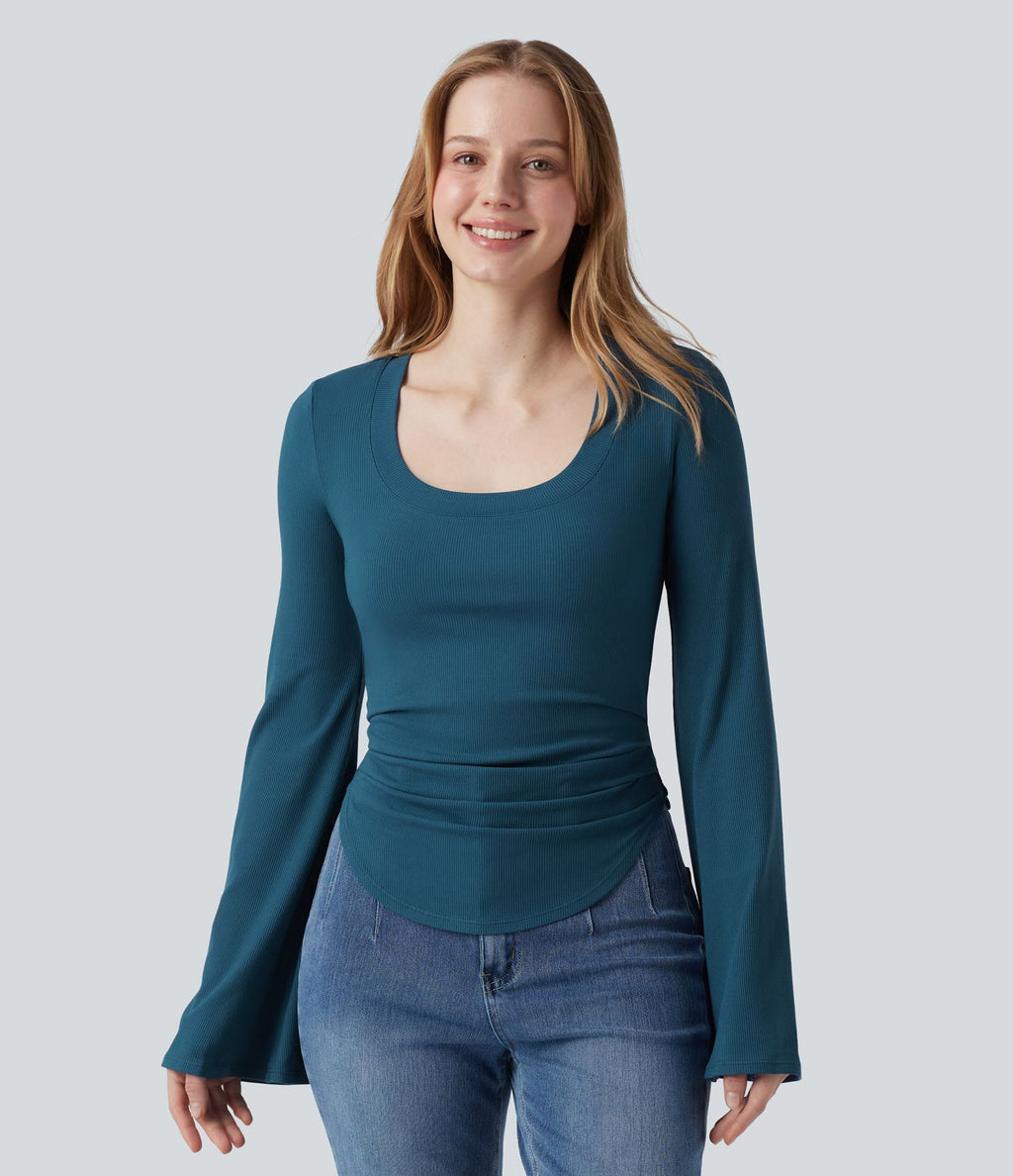 T-shirt en maille côtelée décolleté carré manches à volants froncé ourlet arrondi