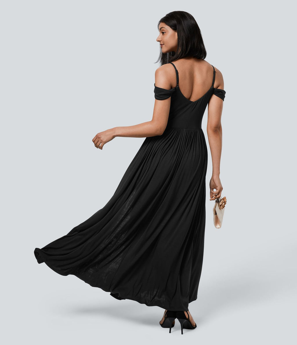 Robe Maxi Fluide Épaules Dénudées avec Poches Latérales Ourlet Fendu Tissu Côtelé Demoiselles d'Honneur et Invités de Mariage