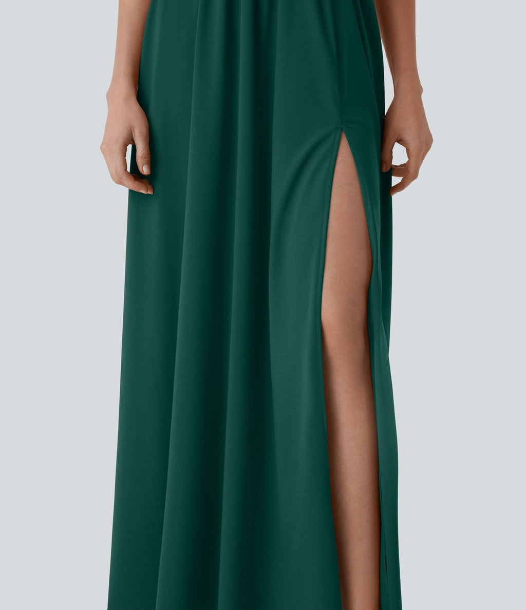 Robe longue de soirée col V, manches courtes, dos croisé à nouer, fendue avec poche latérale
