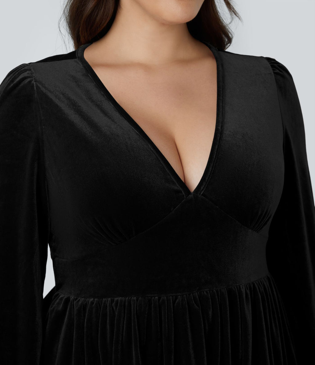Quotidien de Robe Velours Mini Grande Taille avec Décolleté Profond en V et Ourlet à Volants
