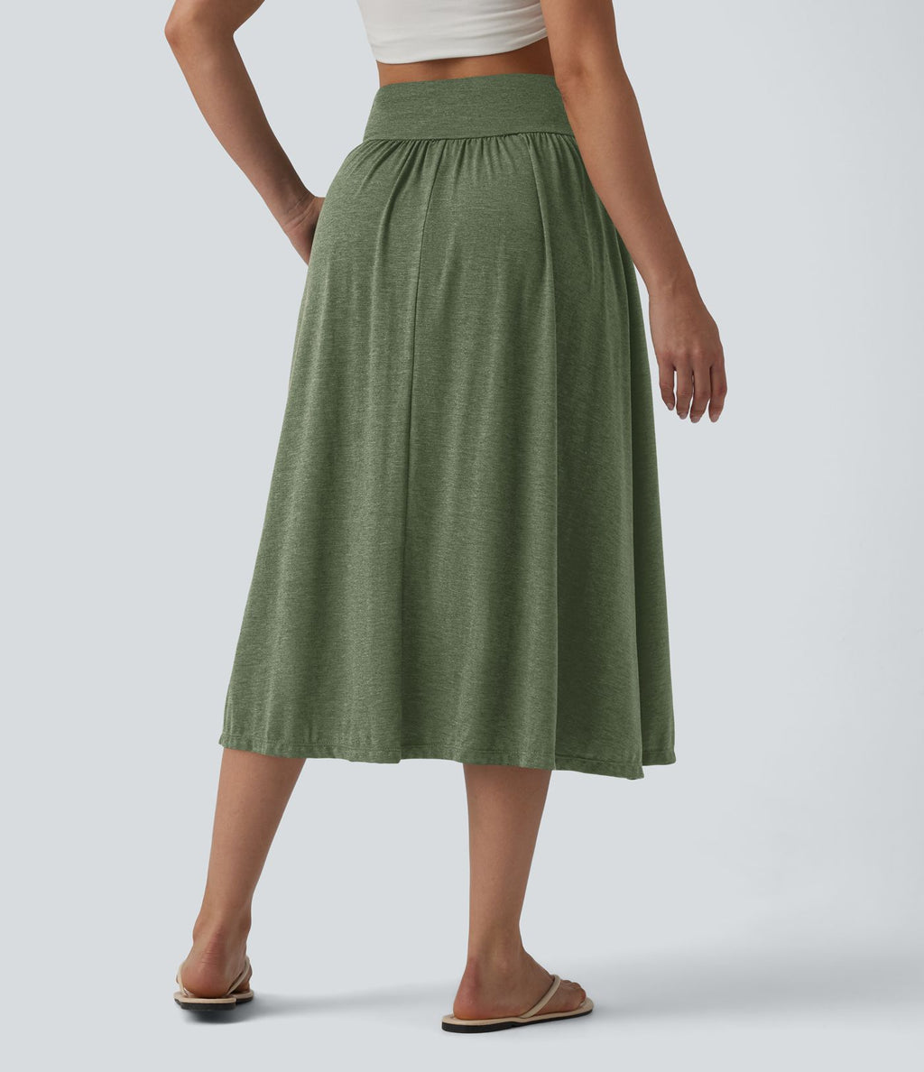 Jupe midi casual fluide croisée taille haute avec poches