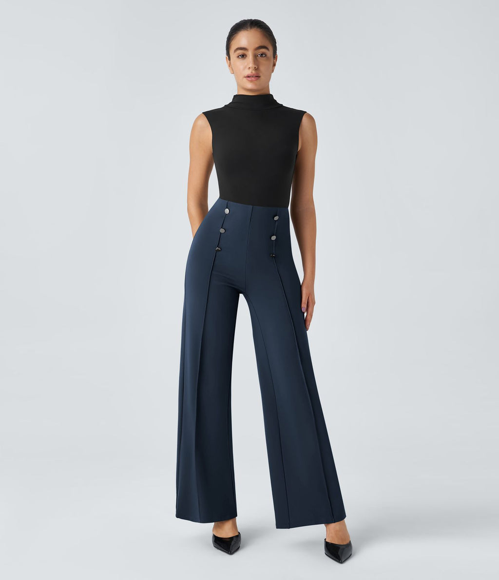 Pantalon Tailleur Large Taille Haute avec Bouton et Poches