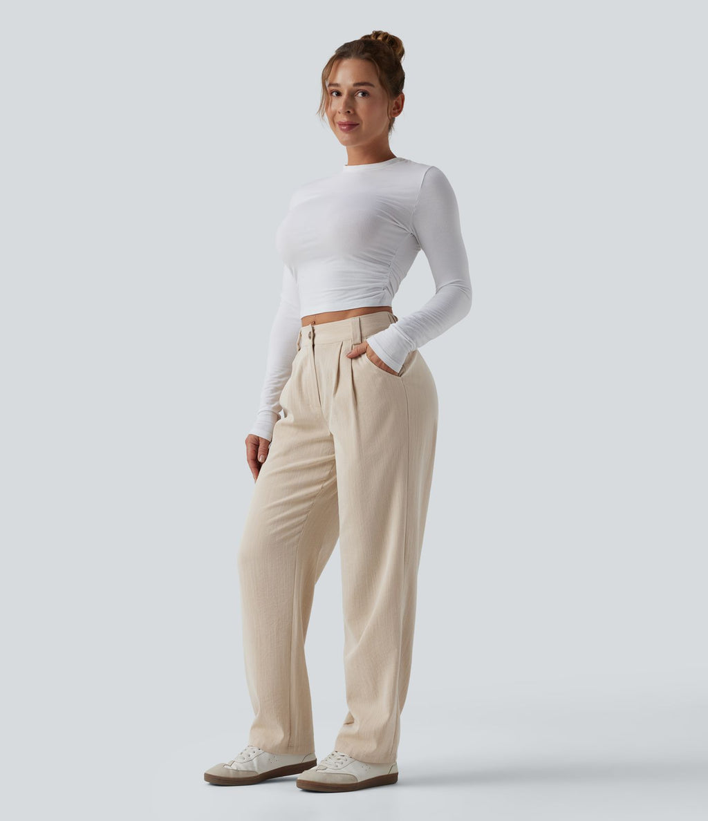 Pantalon décontracté mi-taille effet lin avec poches