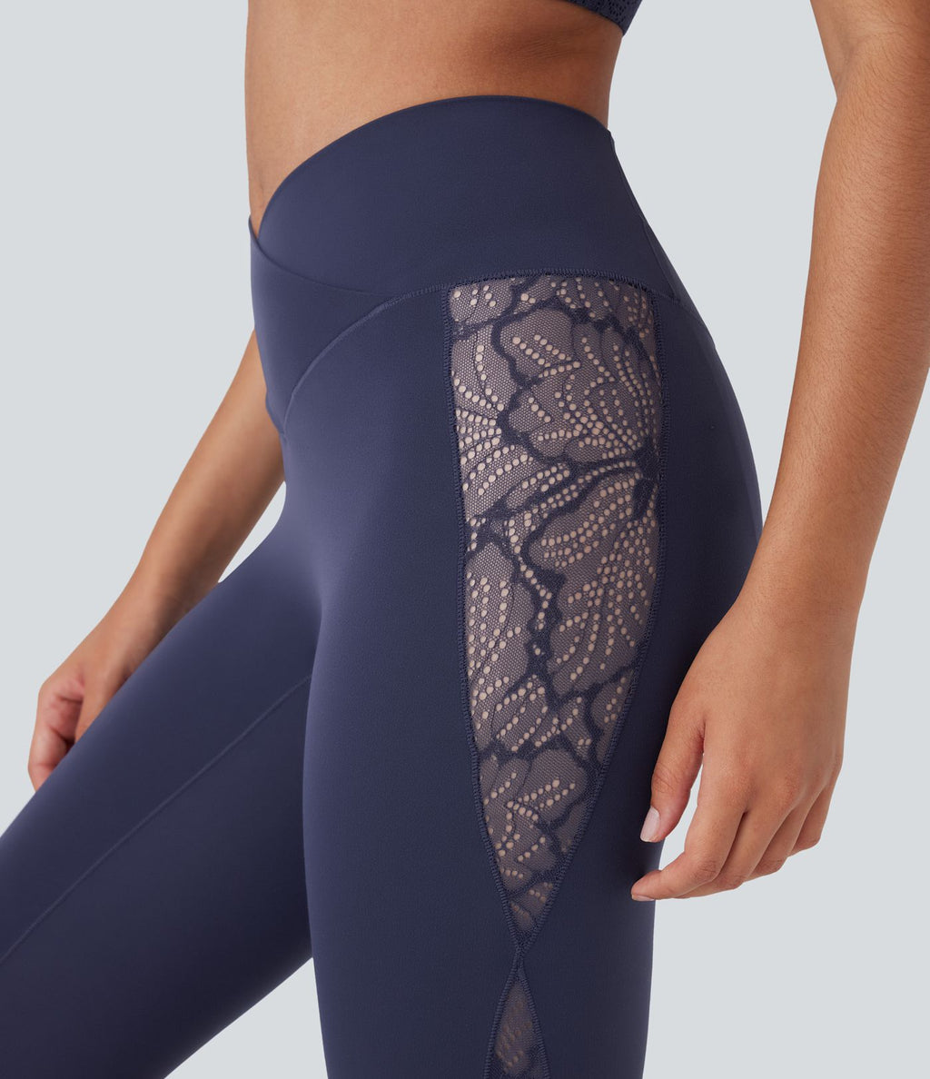 Legging corsaire de yoga taille haute croisé avec dentelle contrastée - Protection UPF50+