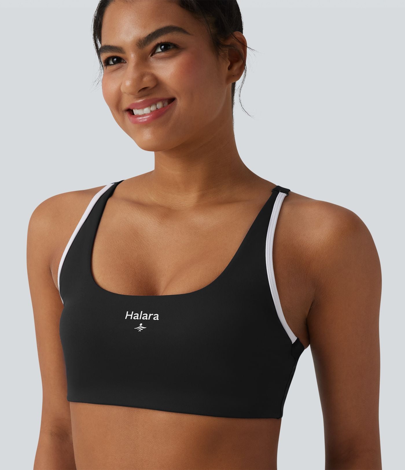 Brassière de sport yoga col U échancré color block imprimé lettrage avec brassière intégrée maintien léger
