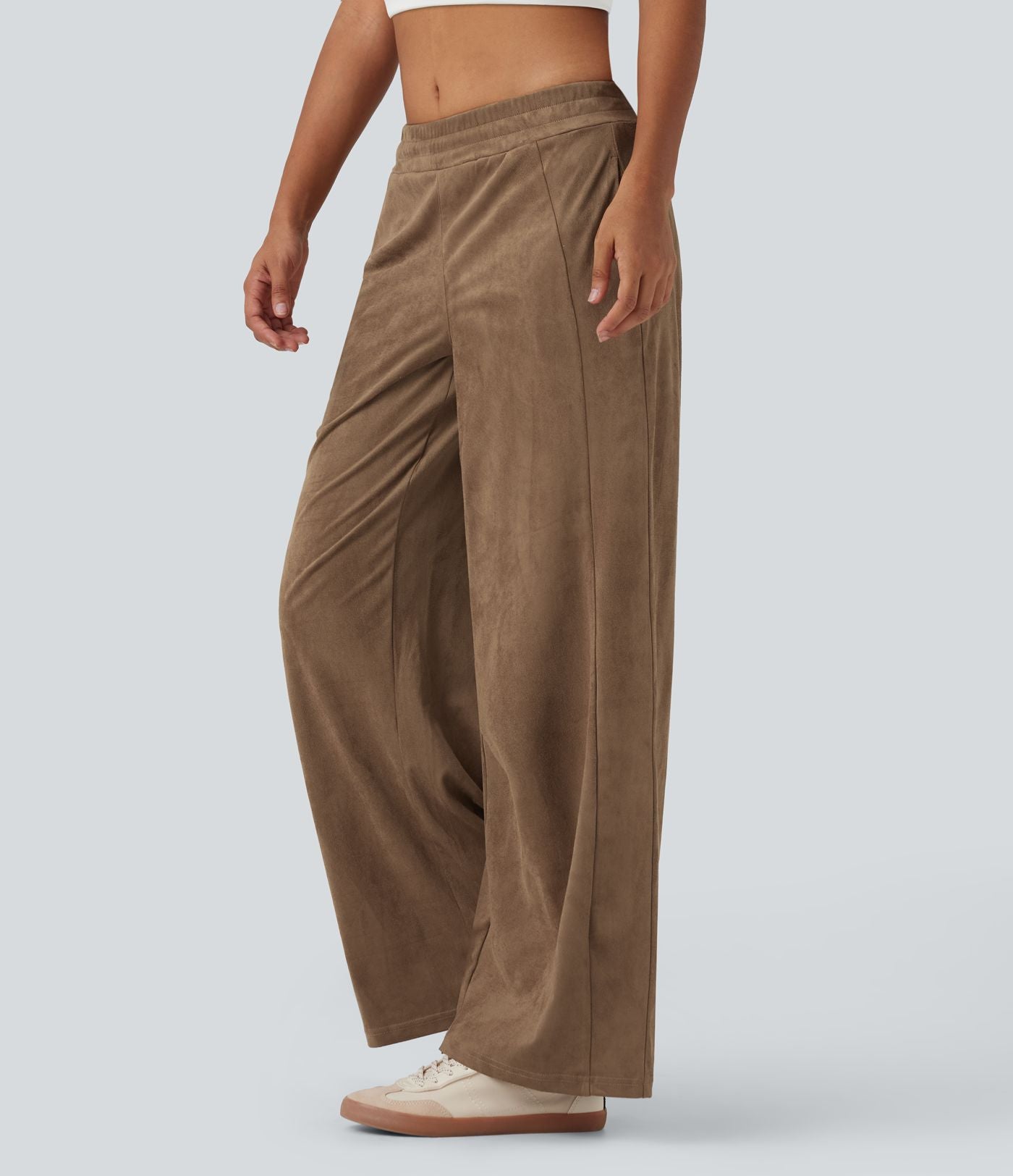 Pantalon ample décontracté suédine taille mi-haute avec poches