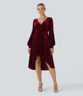 V Neck de Crossover Bishop Long Sleeve High Low Flowy Velvet Midi Casual Dress
