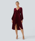 V Neck de Crossover Bishop Long Sleeve High Low Flowy Velvet Midi Casual Dress