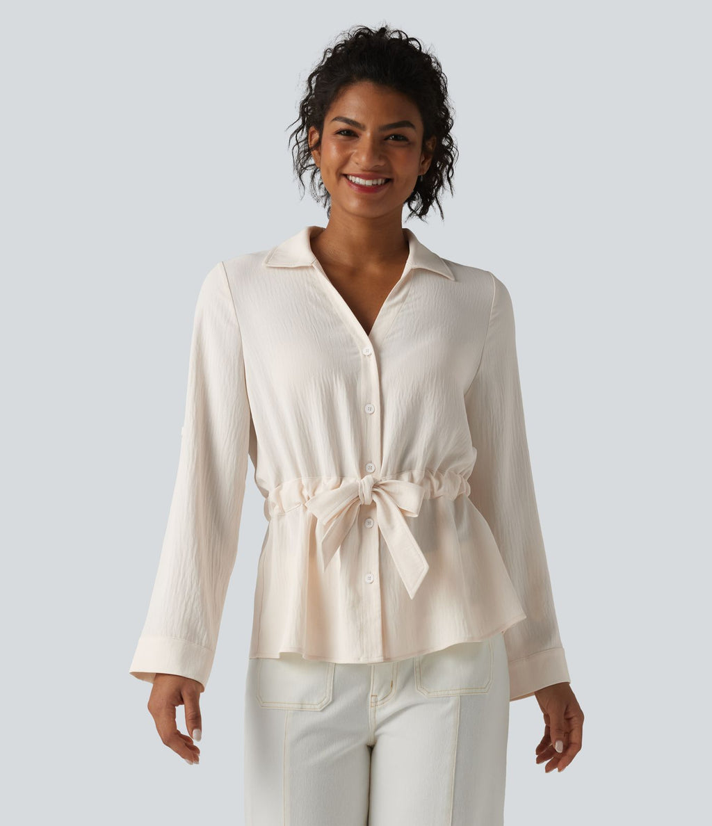 Chemise effet lin esprit bureau à revers, manches retroussées et lien à nouer