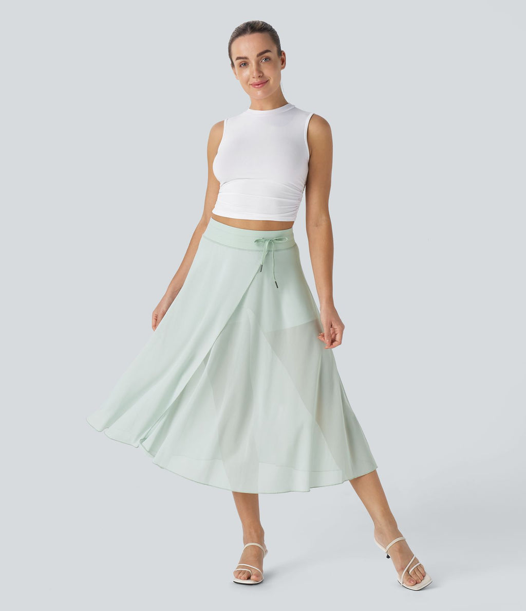 Jupe Casual Évasée Mesh Mi-Longue Fuide 2 en 1 Contrastée Taille Haute Cordon Poche Latérale