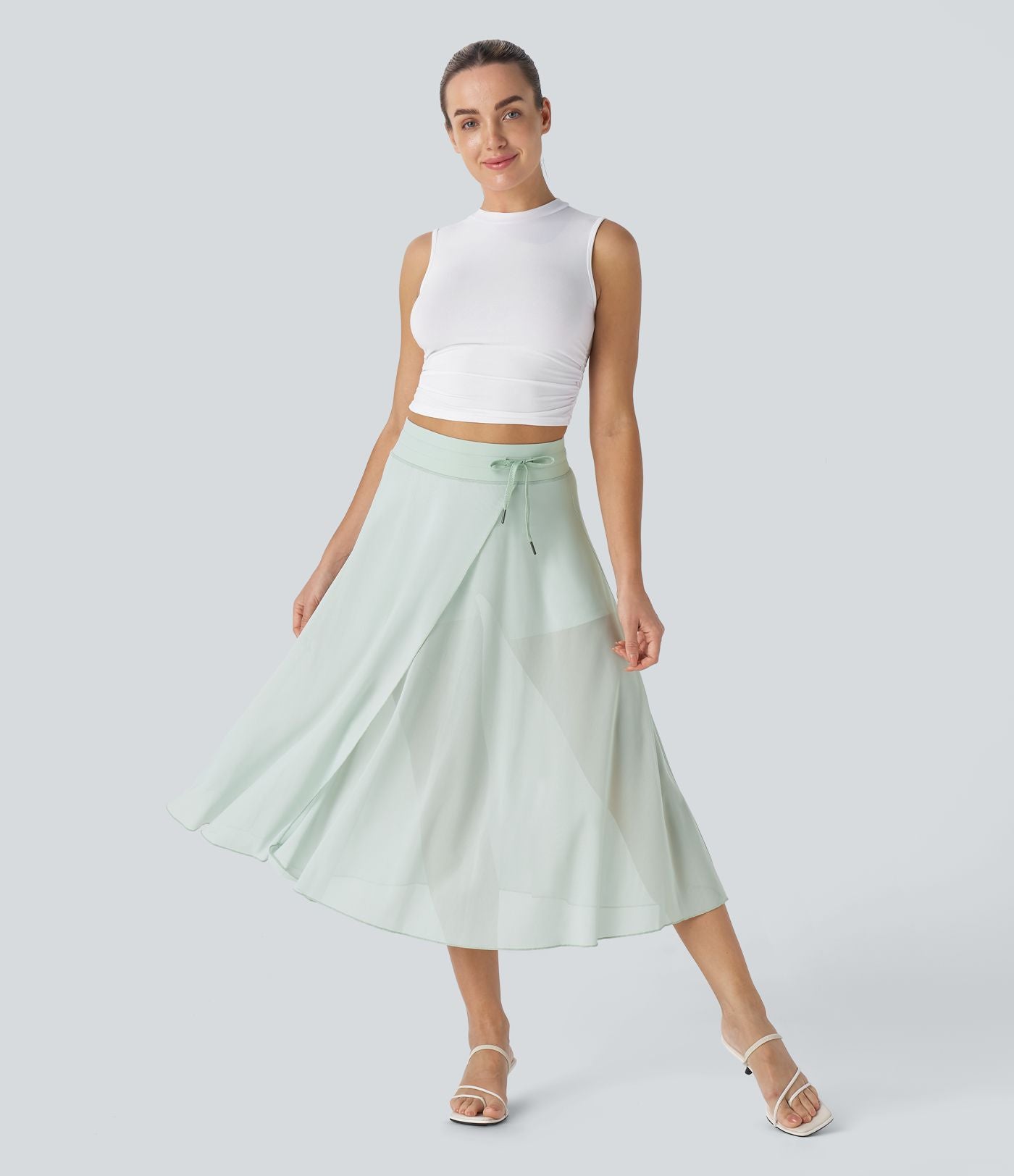Jupe Casual Évasée Mesh Mi-Longue Fuide 2 en 1 Contrastée Taille Haute Cordon Poche Latérale