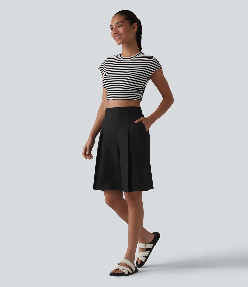 Bermuda ample infroissable taille haute plissé aspect lin avec fermeture éclair invisible et poches