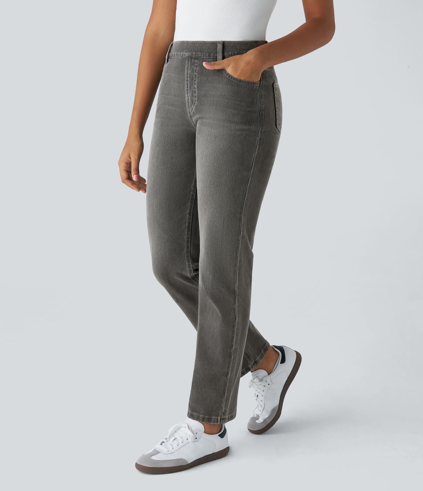Jean droit Halara Flex™ à taille haute, poches multiples, effet délavé et tissu extensible