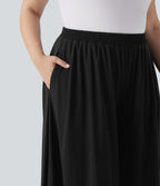 Pantalon décontracté grande taille taille haute large à superposition mesh avec poches latérales