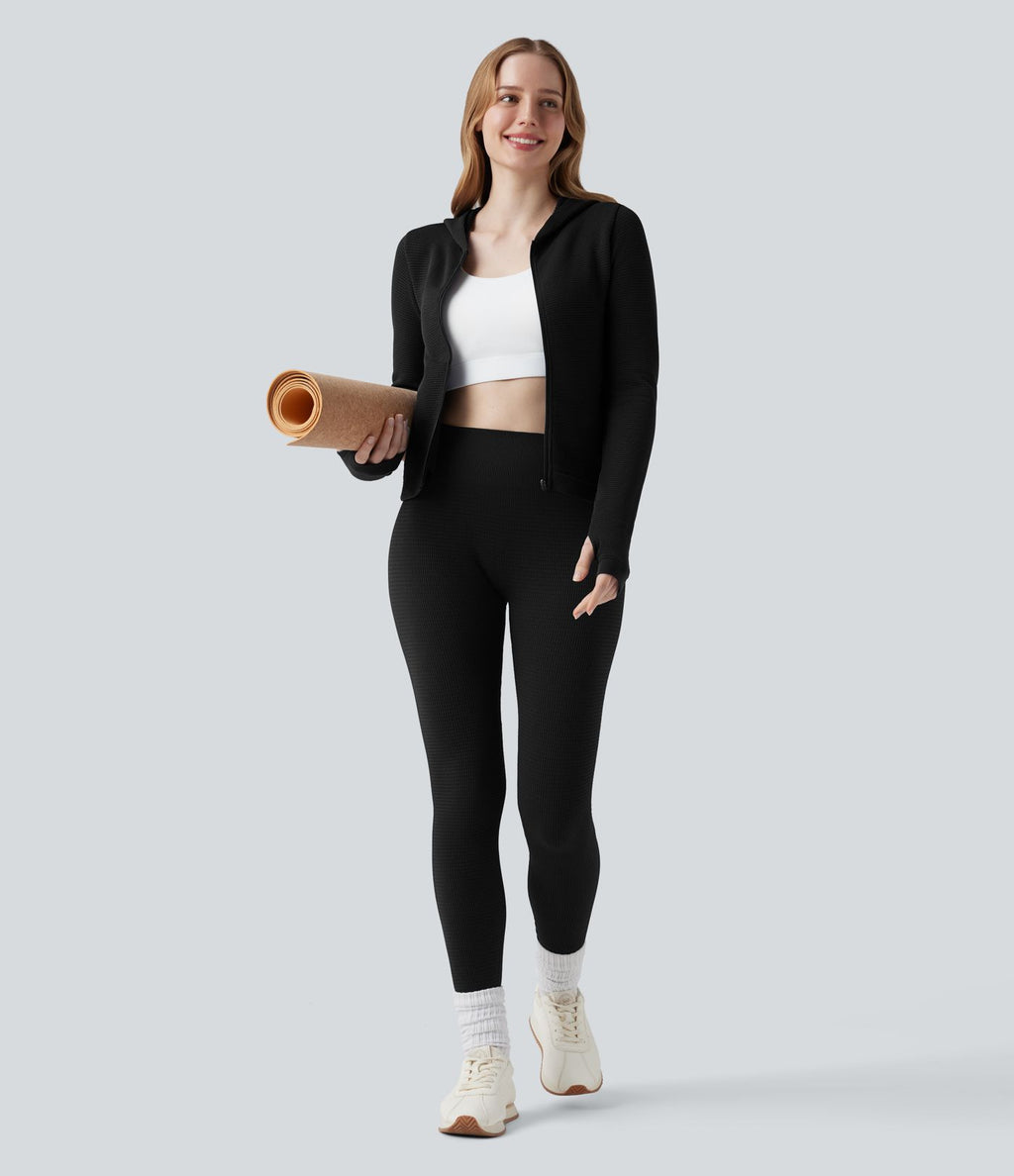 Veste yoga en maille gaufrée à capuche zippée à manches longues avec passants pouces sans couture OneForm Seamless Flow avec poches