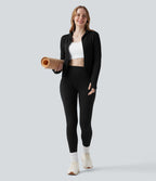 Veste yoga en maille gaufrée à capuche zippée à manches longues avec passants pouces sans couture OneForm Seamless Flow avec poches