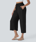 Pantalon décontracté aspect lin 7/8 à taille haute, jambe large avec cordon de serrage et poches latérales