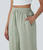 Pantalon décontracté aspect lin 7/8 à taille haute, jambe large avec cordon de serrage et poches latérales