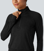 Sweat-shirt polaire thermique chiné séchage rapide demi-zip avec trous pouces et poches - UPF40+