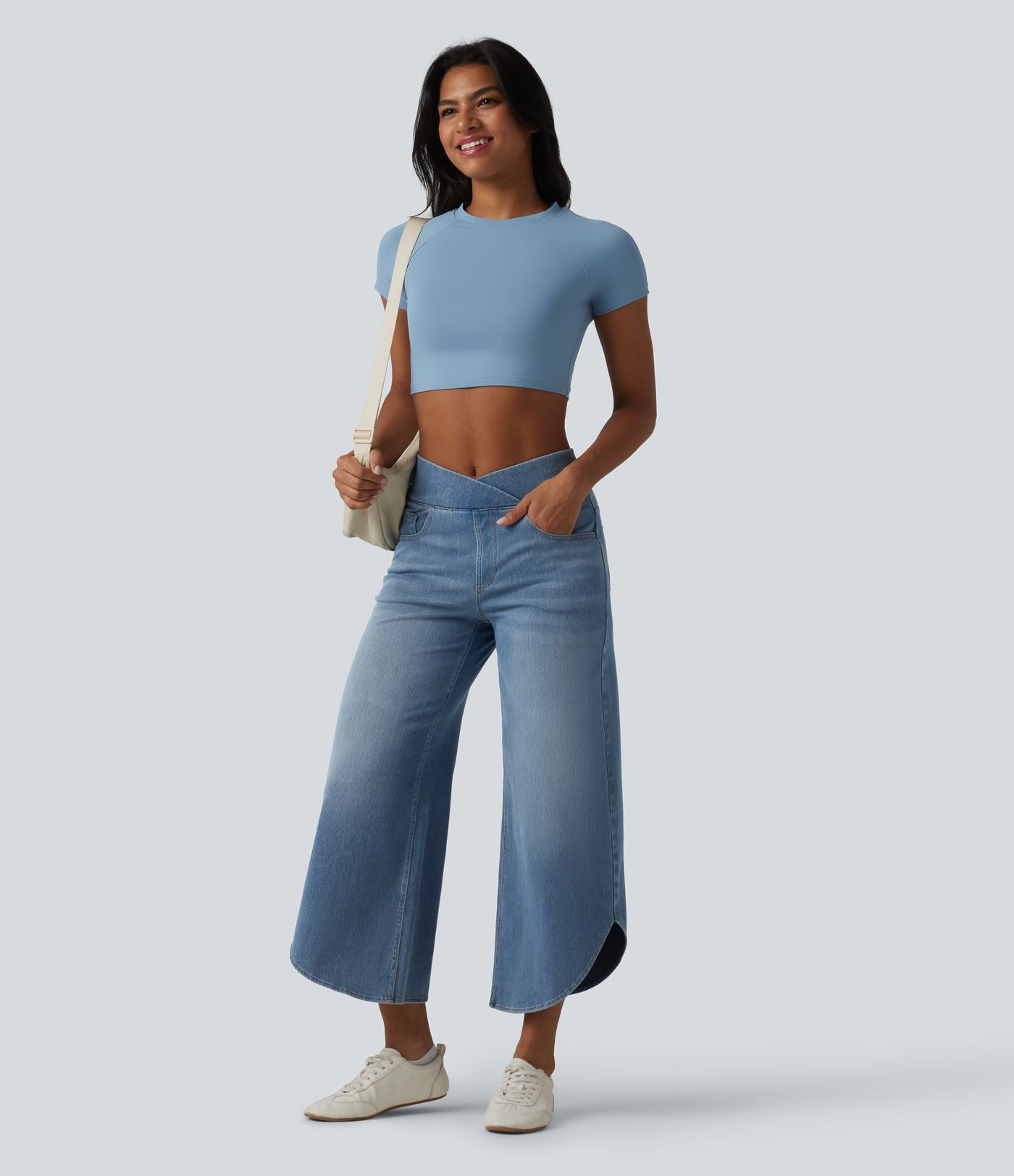 Halara Flex™ Jean large casual taille mi-haute croisée avec ourlet incurvé et poches