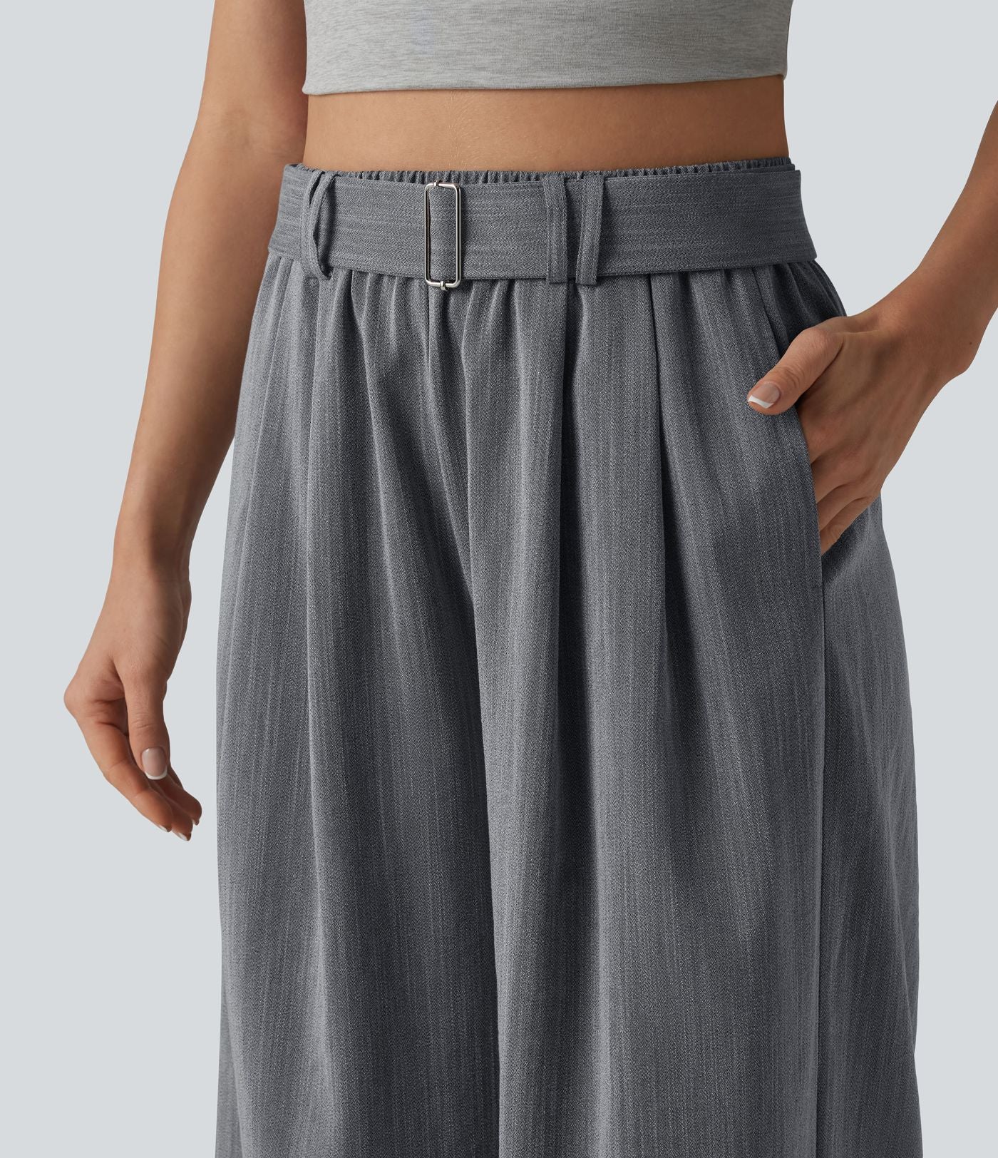 Pantalon large court casual taille haute avec ceinture aspect lin et poches