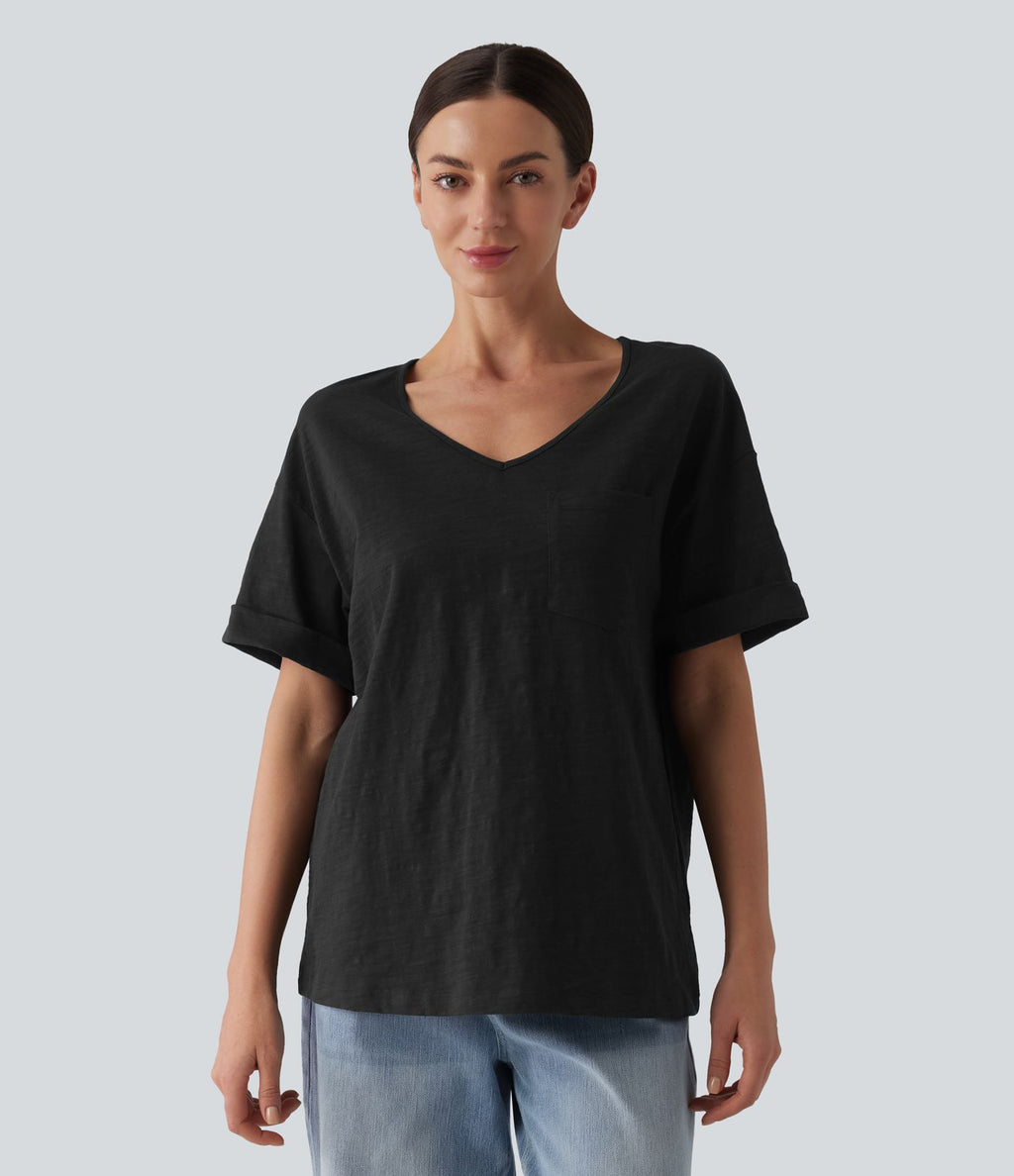 T-shirt casual ample col cœur manches courtes retroussées en coton slub avec poche