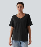T-shirt casual ample col cœur manches courtes retroussées en coton slub avec poche