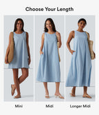 Robe débardeur mini décontractée col rond sans manches en vichy froissé avec poches
