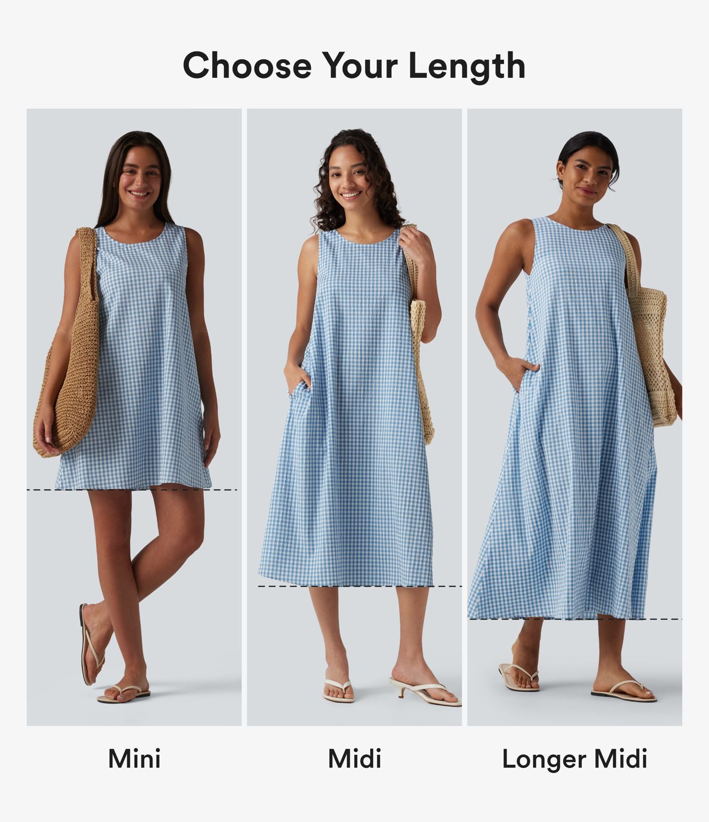 Robe débardeur mini décontractée col rond sans manches en vichy froissé avec poches