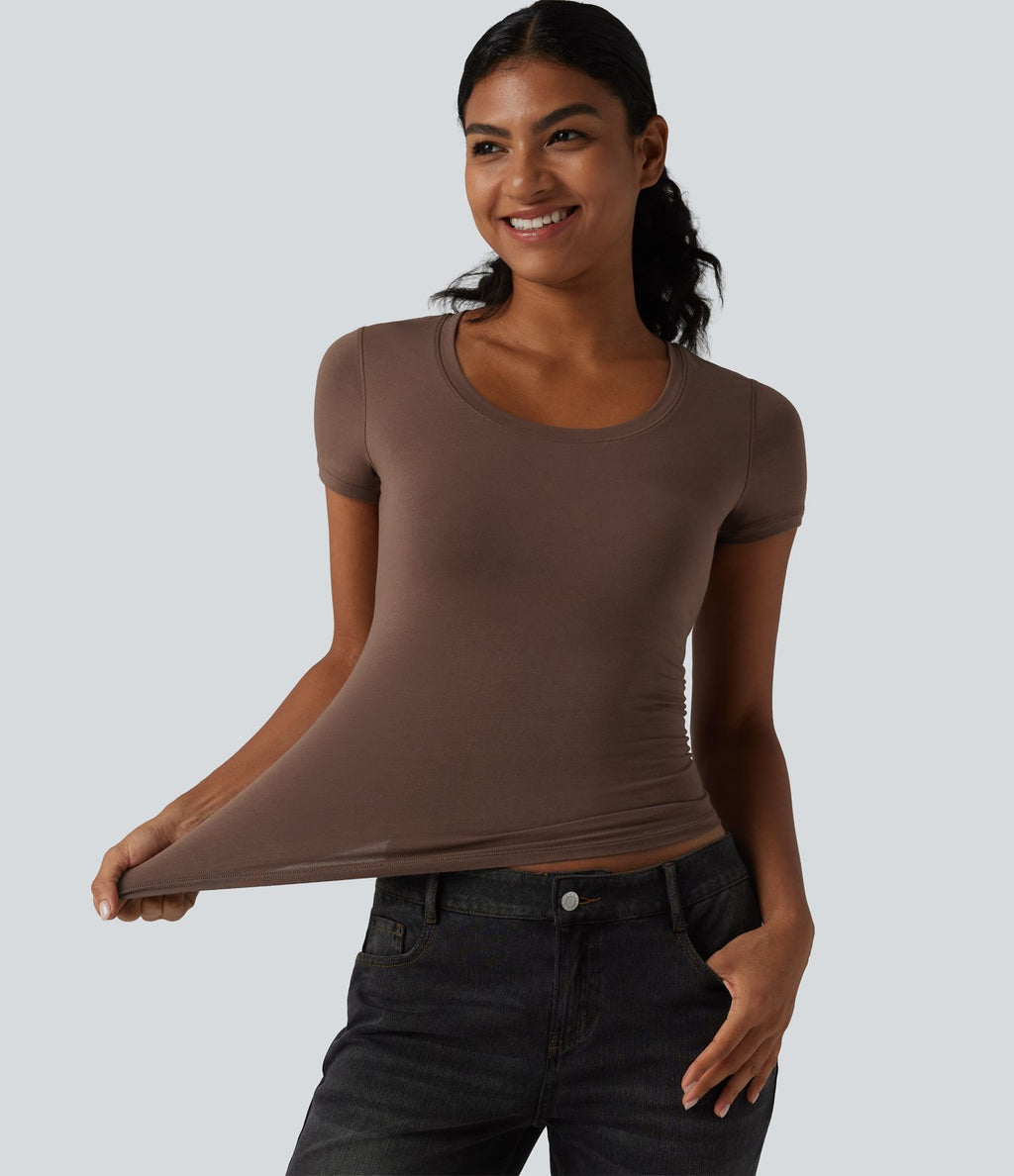 Halara T-shirt en jersey de coton col rond échancré manches courtes avec soutien-gorge intégré bonnets B-DD