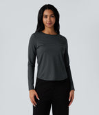 Top de sport yoga rayé ourlet arrondi col rond manches longues