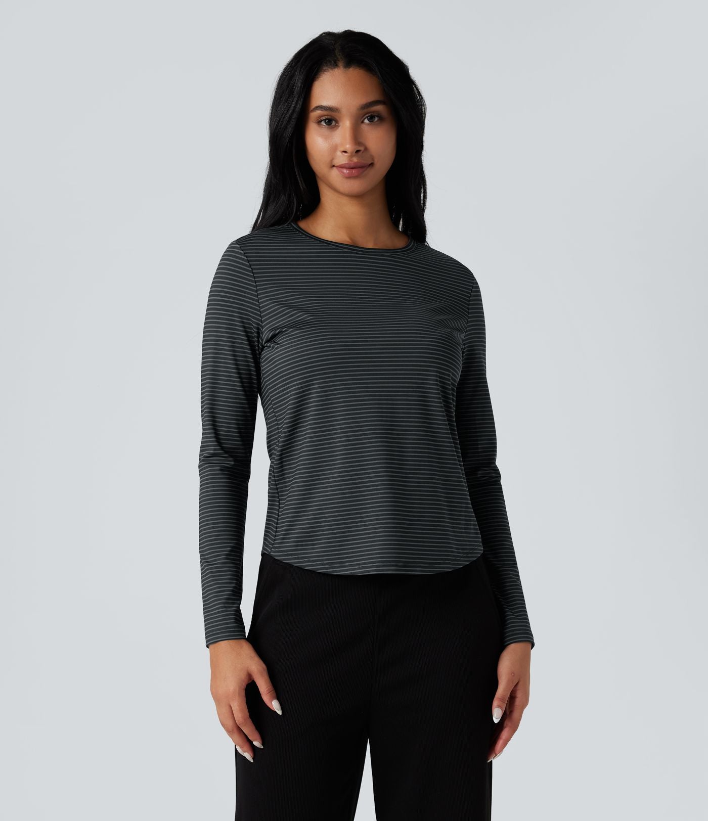 Top de sport yoga rayé ourlet arrondi col rond manches longues