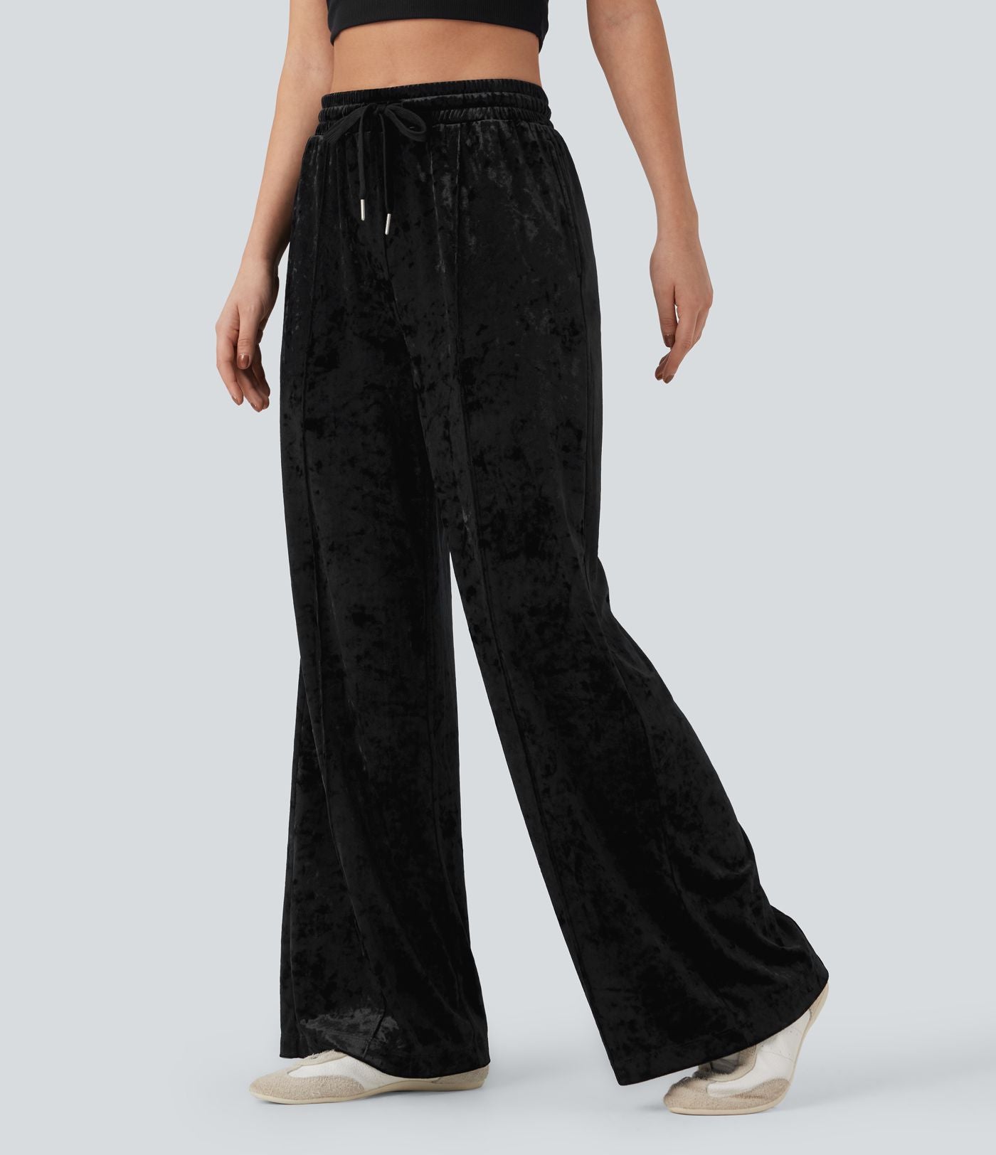 Pantalon décontracté velours jambe large taille mi-haute avec cordon de serrage et poches