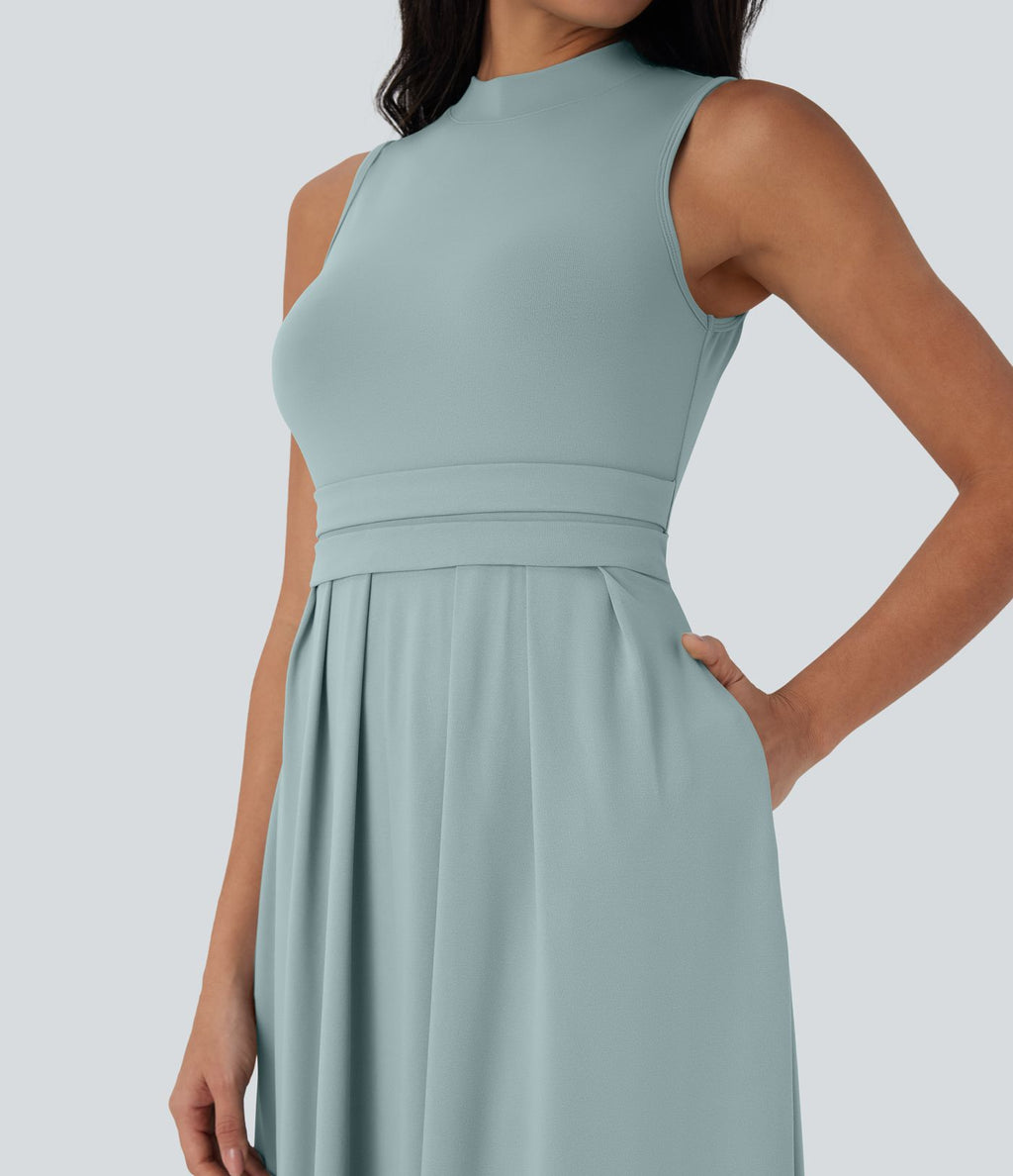 Robe longue décontractée sans manches à col montant, coupe évasée et poches latérales