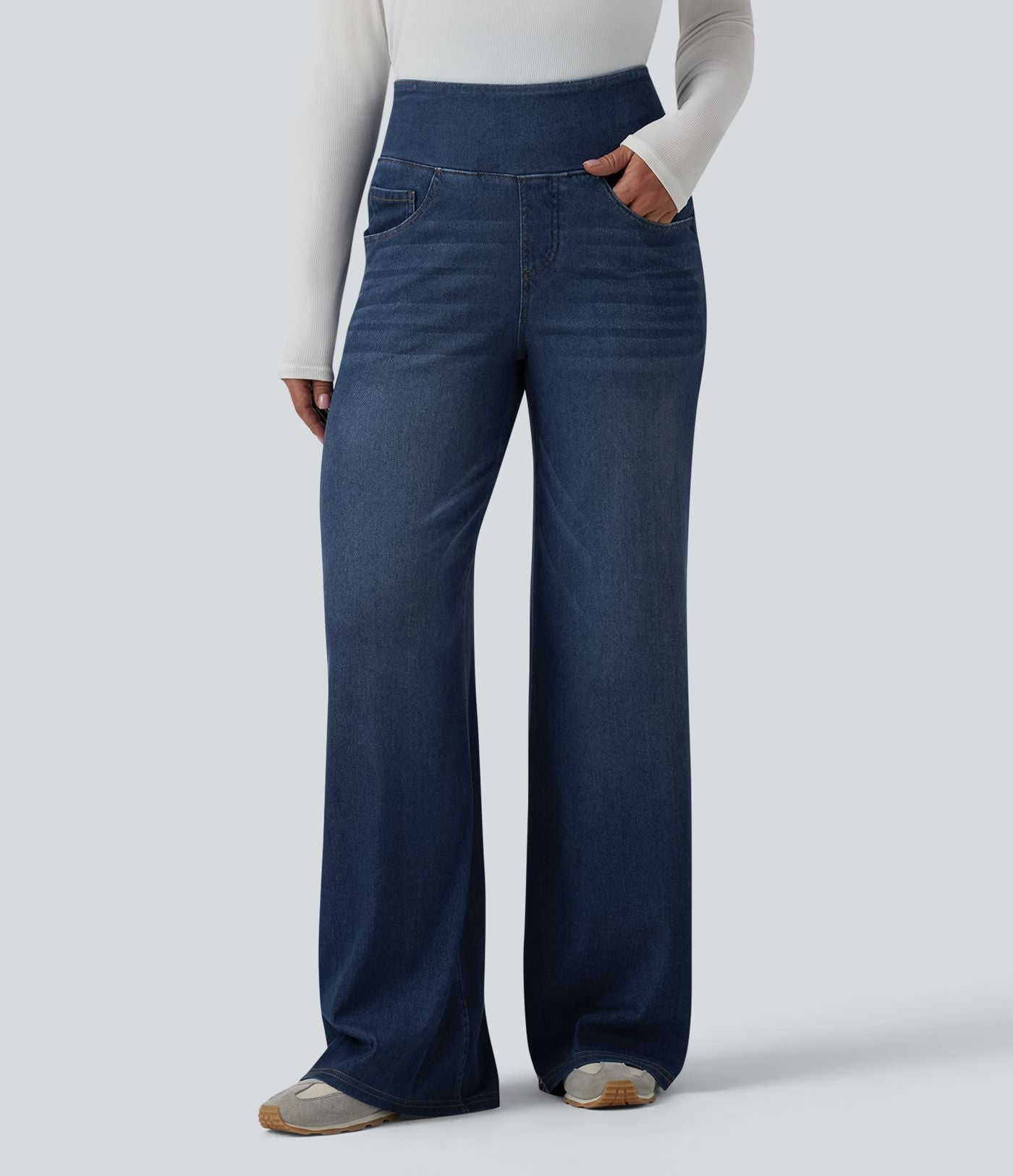 Halara Flex™ Jean large casual taille haute ventre plat, en lyocell drapé effet délavé, avec poches