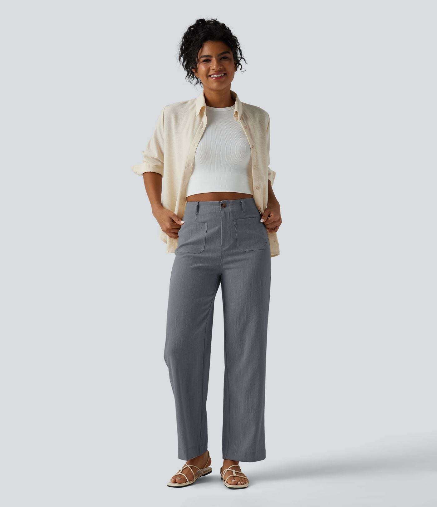 Pantalon taille haute coupe droite effet lin avec poches
