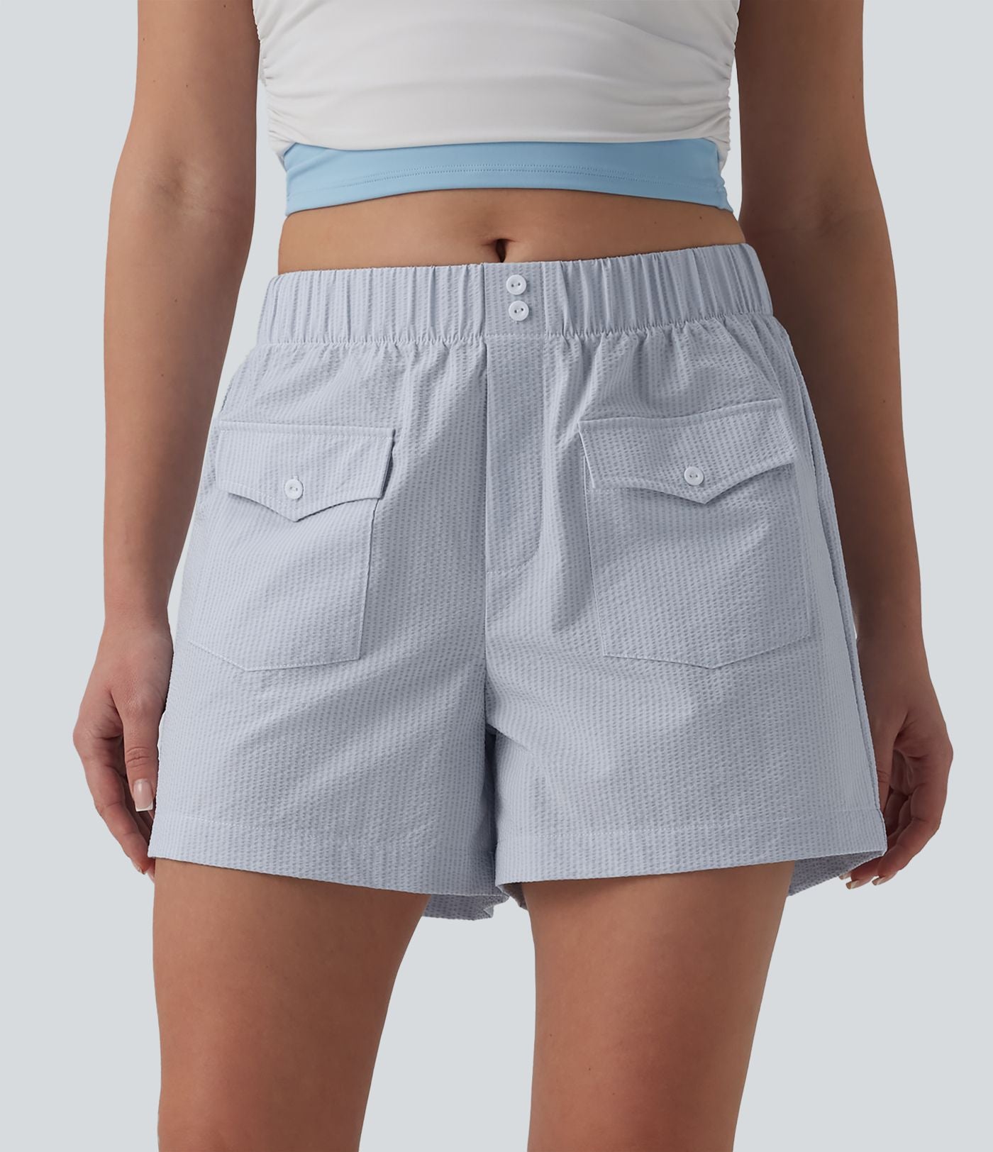 Short casual ample séchage rapide taille mi-haute aspect froissé avec poches à rabat