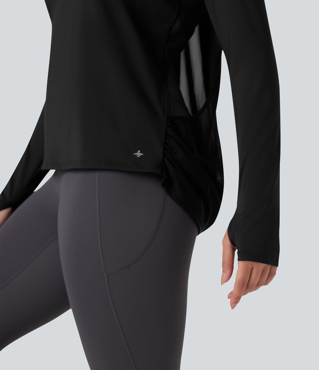 Top de sport yoga SoftlyZero™ Airy mesh contrastant à découpes manches longues avec trous pouces - UPF50+