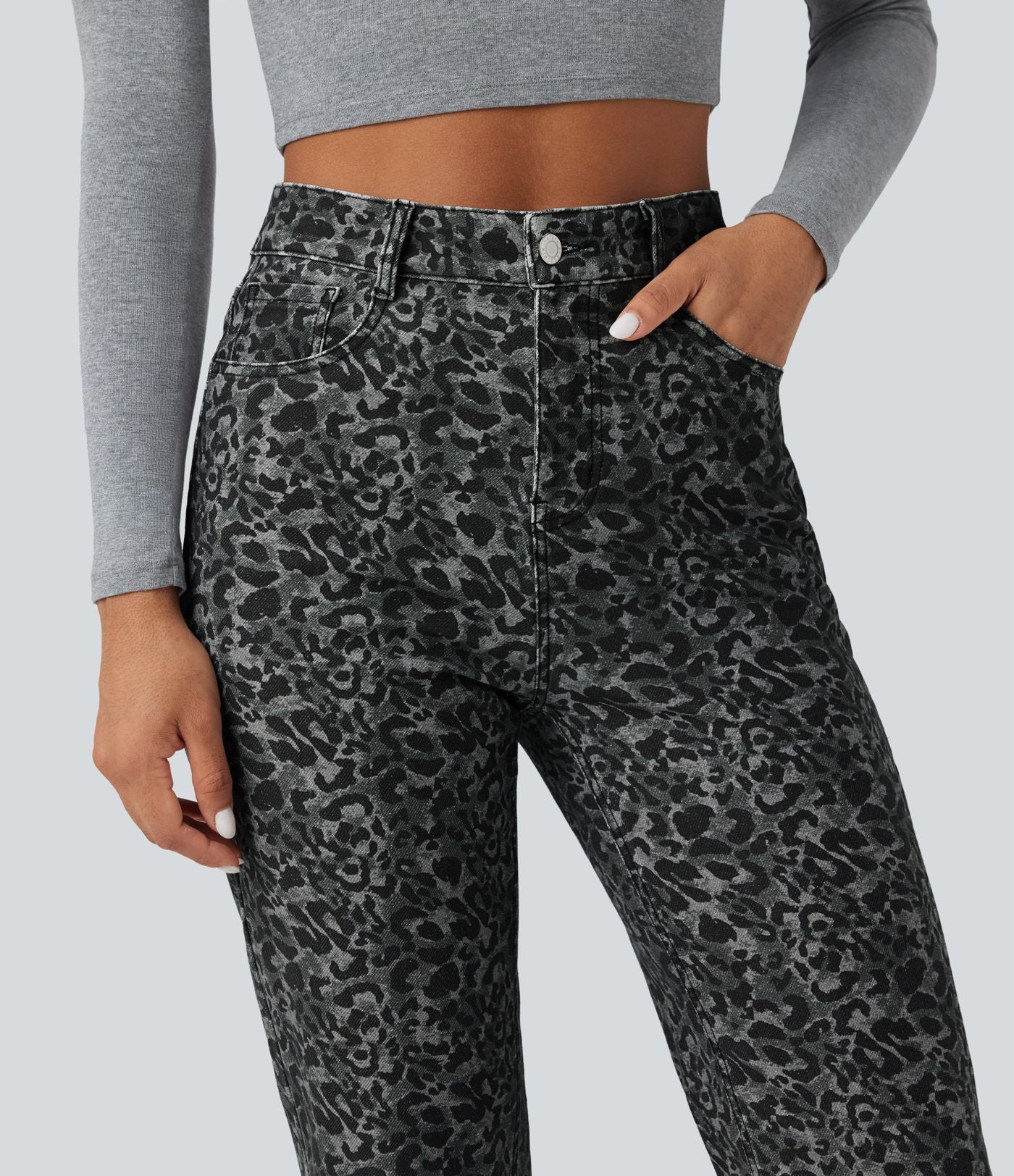 Jean Halara Flex™ coupe droite imprimé léopard taille haute avec poches