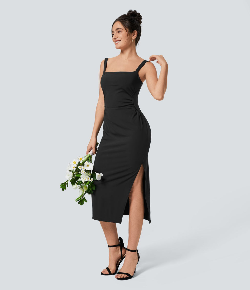 Softlyzero™ Airy Robe Demoiselle d'Honneur Invitée de Mariage Col Carré Plissée et Fendue Toucher Frais Grande Taille