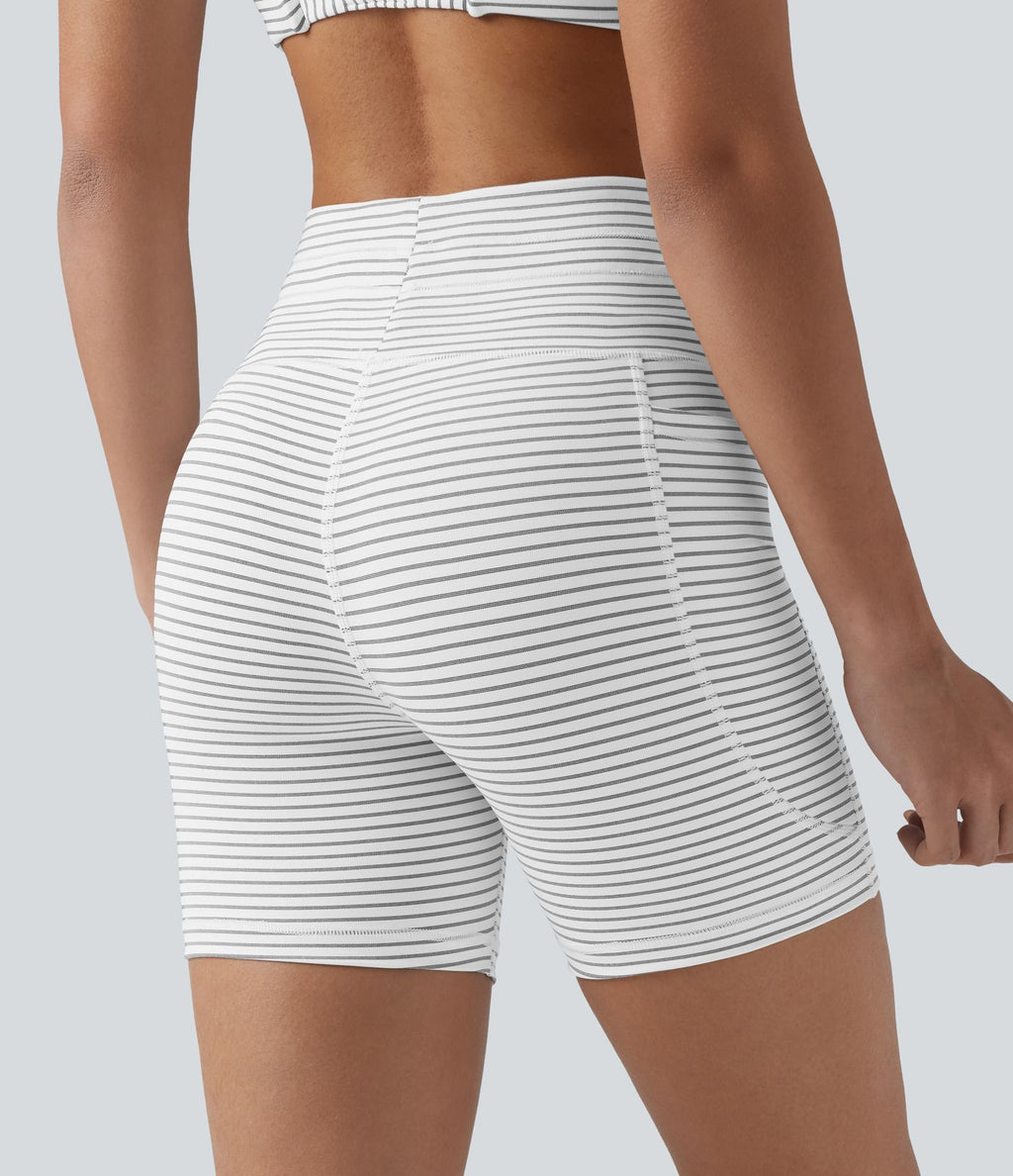 Short cycliste de yoga taille haute à rayures avec cordon de serrage 12,5 cm et poches