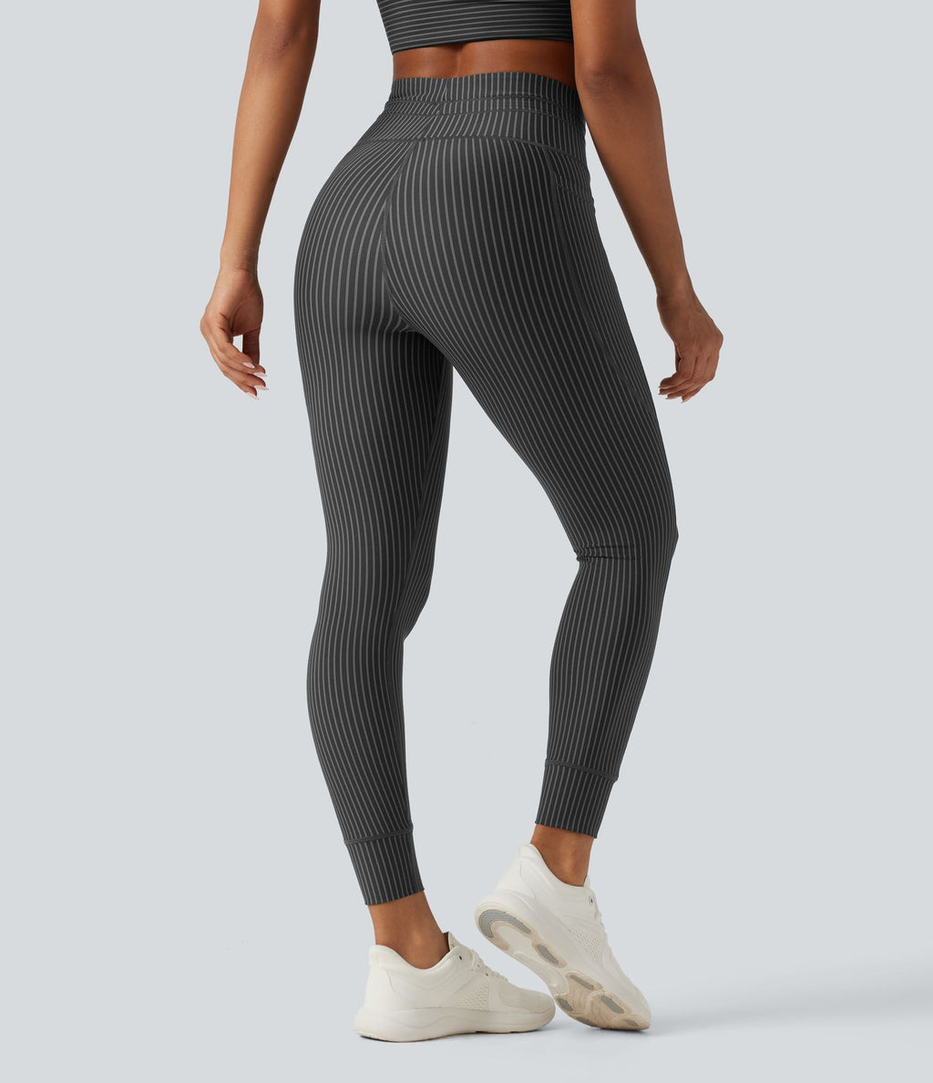 Legging de yoga rayé taille haute avec cordon de serrage et poches