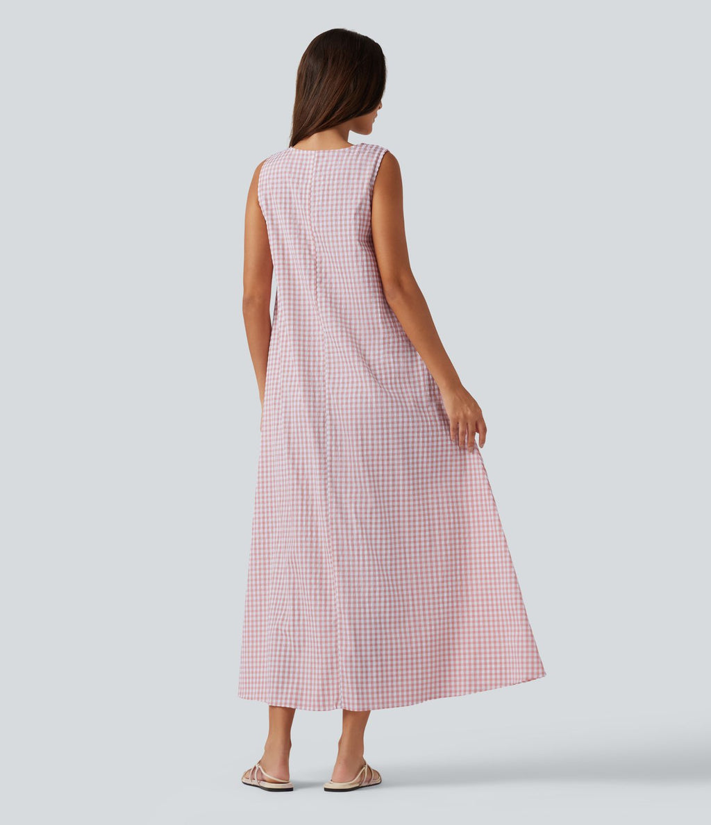 Robe débardeur midi décontractée col rond sans manches en vichy froissé avec poches
