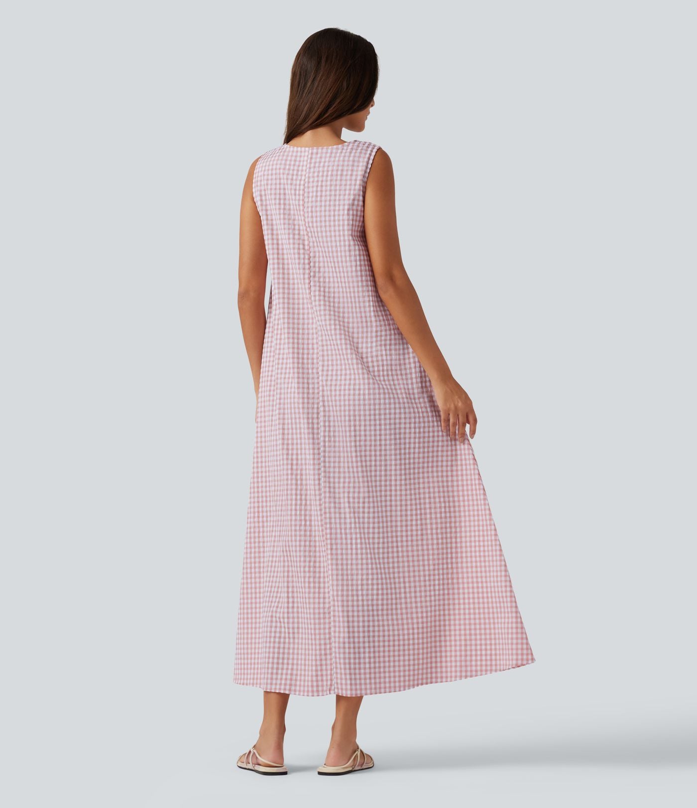 Robe débardeur midi décontractée col rond sans manches en vichy froissé avec poches
