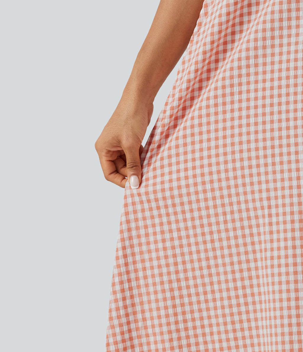 Robe débardeur midi décontractée col rond sans manches en vichy froissé avec poches
