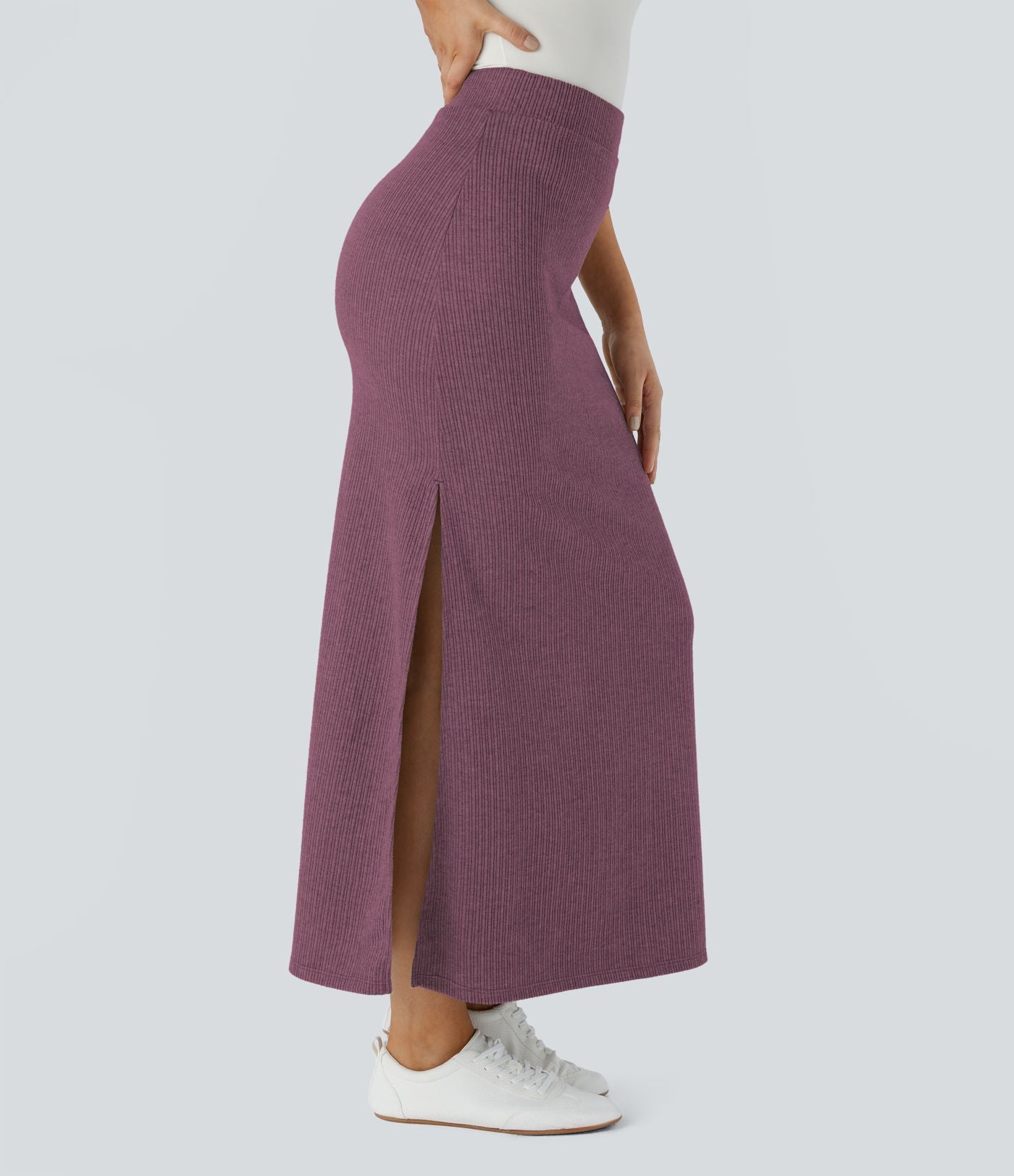 Jupe Casual Maxi à Taille Haute et Ourlet Fendu en A-Line en Côtes