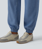 Jogging casual denim en lyocell drapé taille mi-haute avec poches