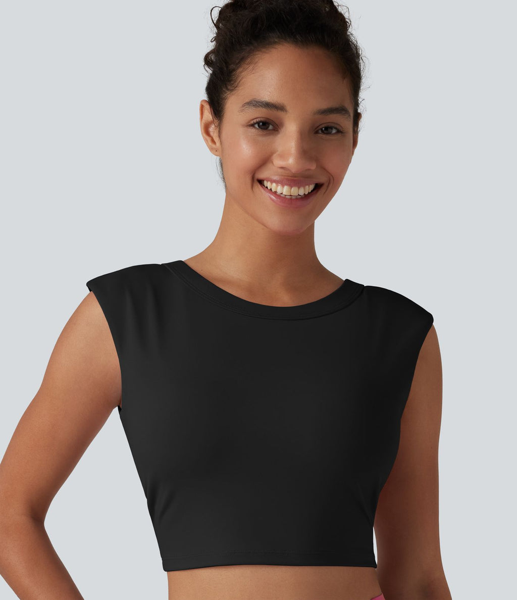 Haut de yoga court SoftlyZero™ léger à col rond et soutien-gorge intégré, sans manches et respirant.